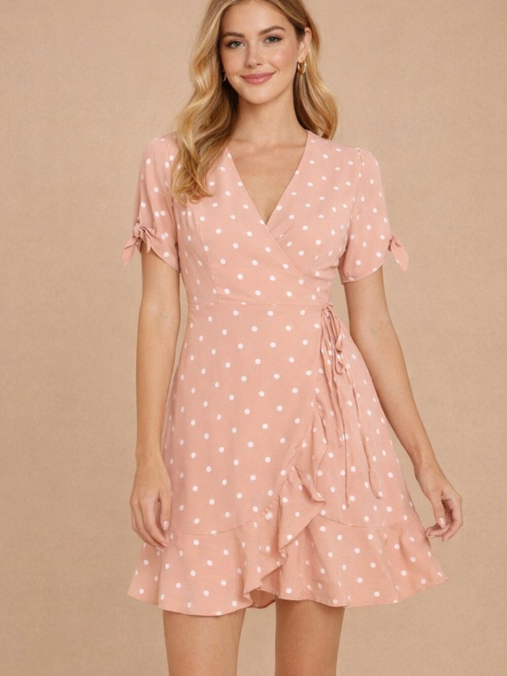 Aura Peachy Pink  Polka Dot Short Sleeve Ruffled  Wrap Dress Size   Medium